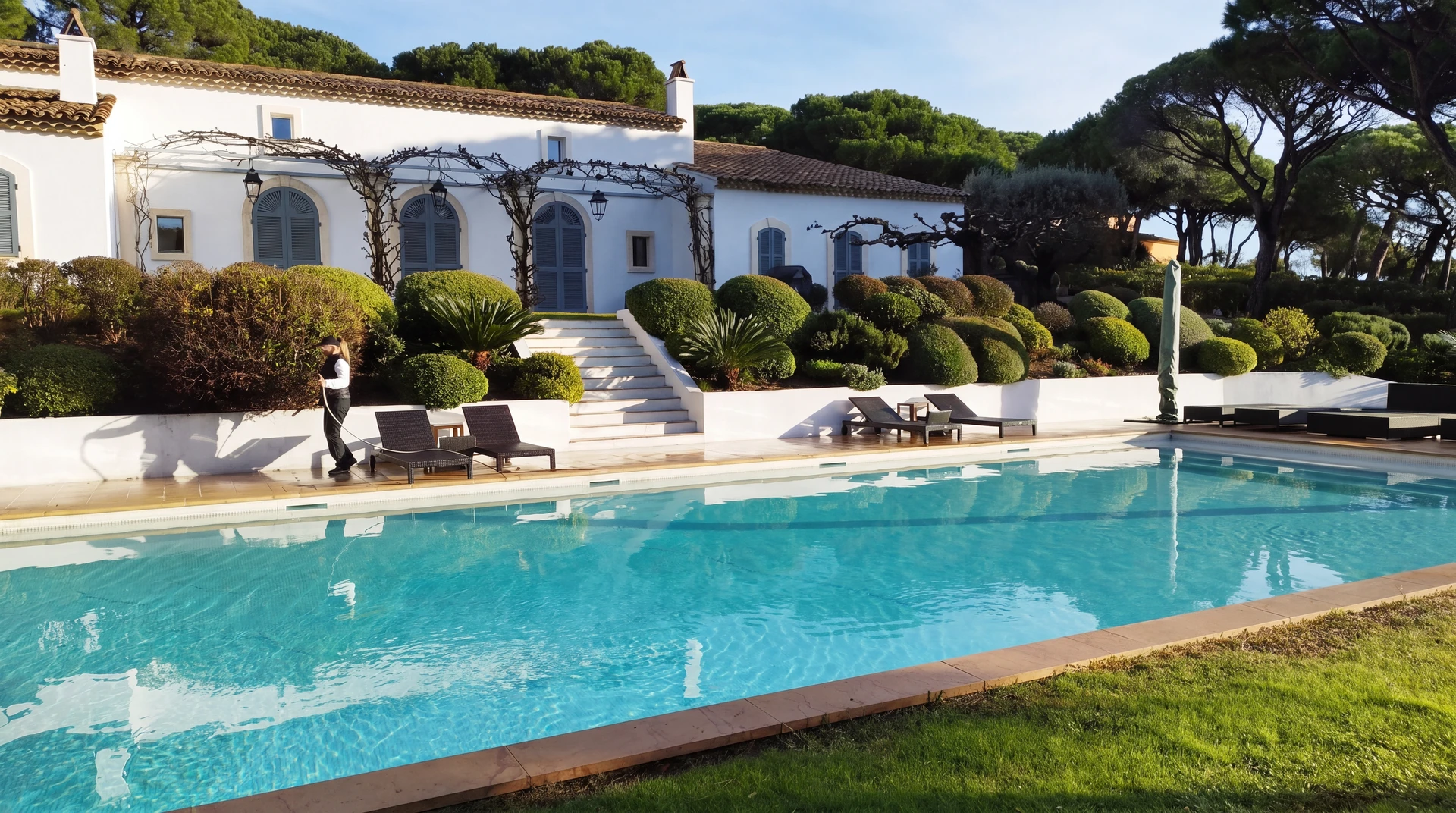 Aménagement paysager extérieur avec piscine moderne aux eaux cristallines, pelouse artificielle ou naturelle parfaitement entretenue, chemin piétonnier en dalles de pierre naturelle beige formant des courbes organiques